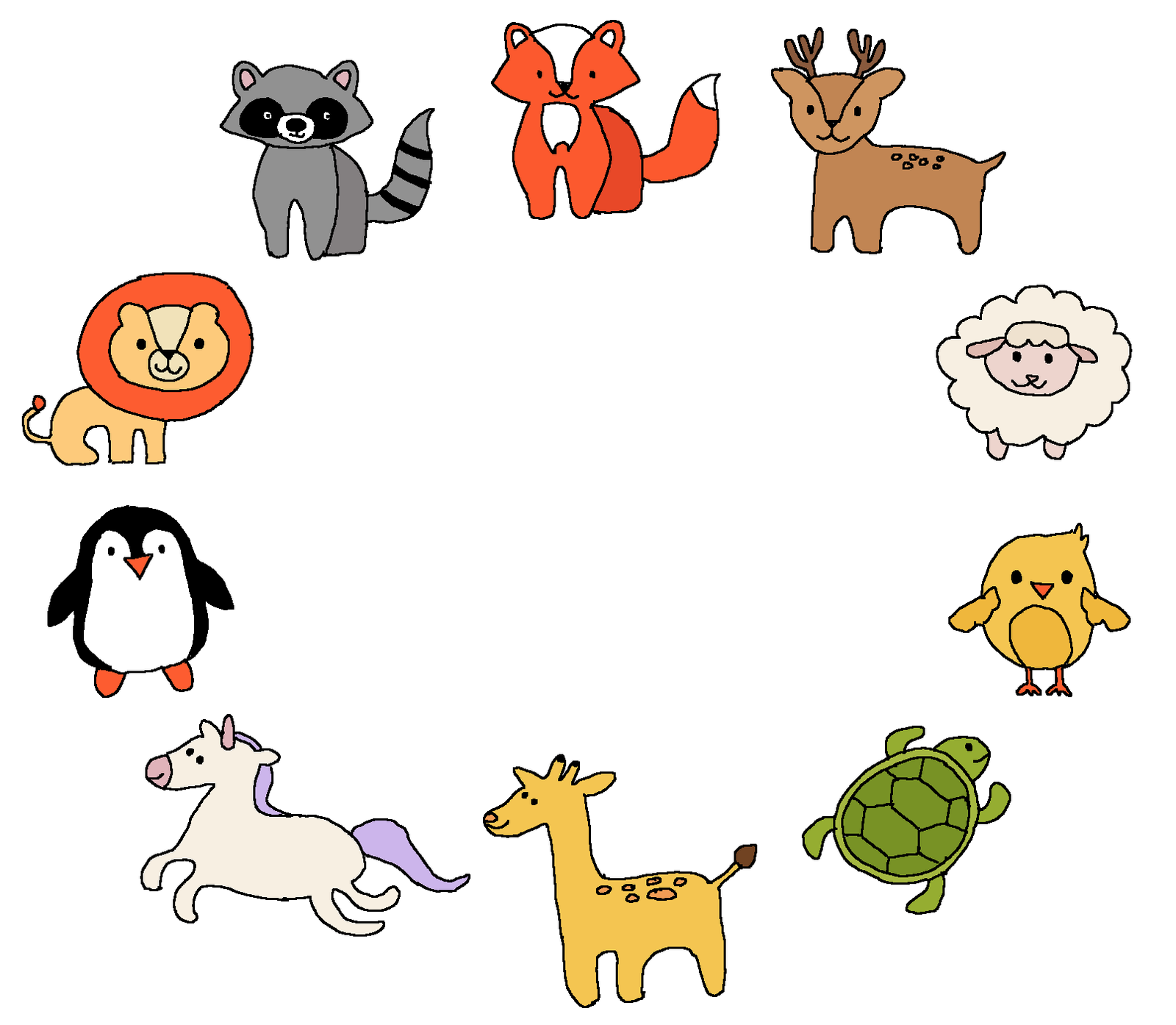 A circle of hand-drawn animals: a raccoon, fox, deer, sheep, chick, turtle, giraffe, unicorn, penguin and lion, all facing inward.